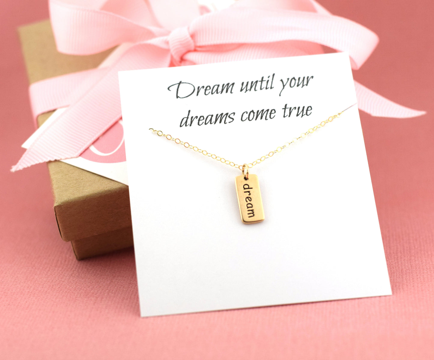 Dream Necklace – Gold Filled Dream Charm on 16” Chain, Inspirational Dainty Jewelry Gift