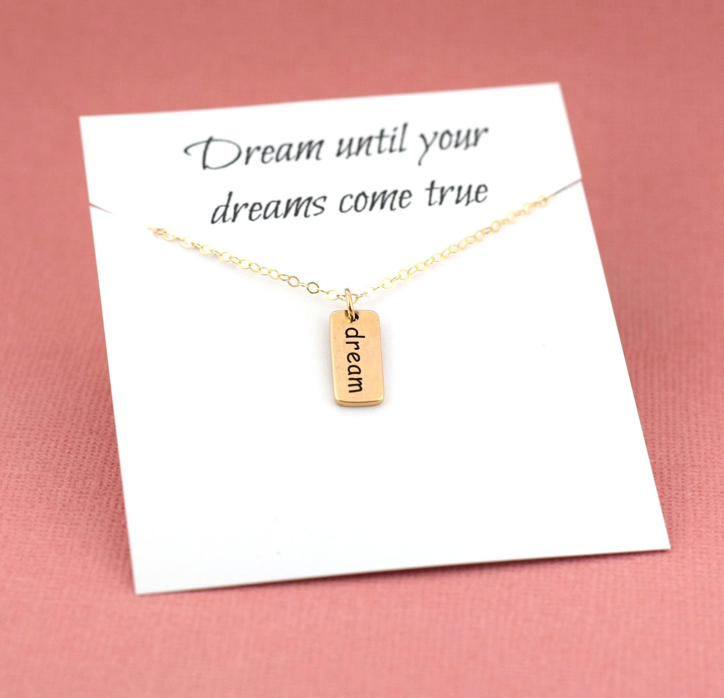 Dream Necklace – Gold Filled Dream Charm on 16” Chain, Inspirational Dainty Jewelry Gift