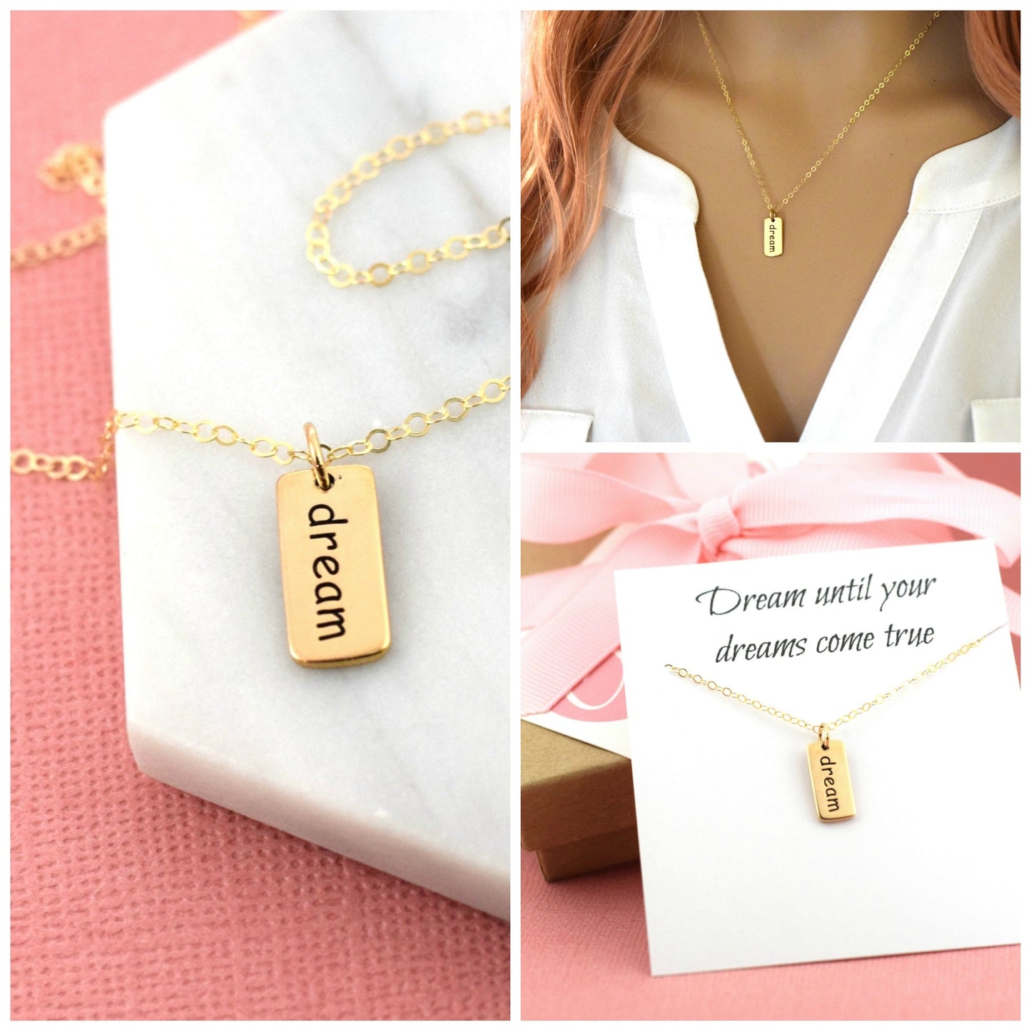 Dream Necklace – Gold Filled Dream Charm on 16” Chain, Inspirational Dainty Jewelry Gift