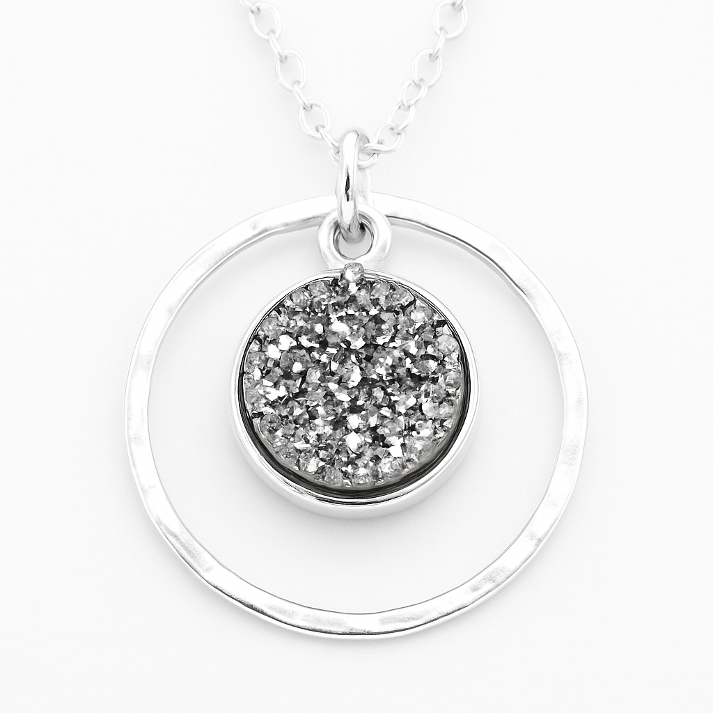 Druzy & Hammered Sterling Silver Halo Necklace – 18 Inch