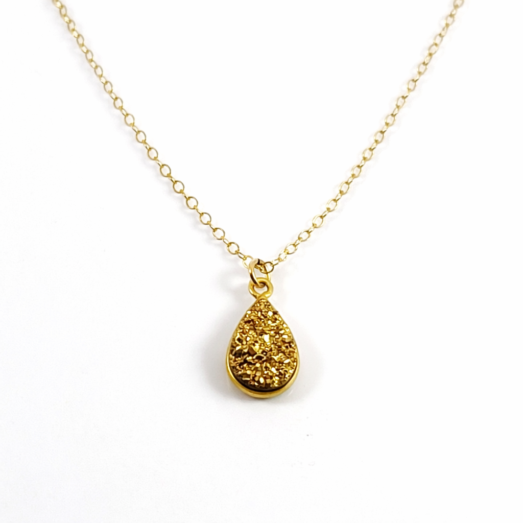 Gold Druzy Teardrop Necklace – 14k Gold Fill