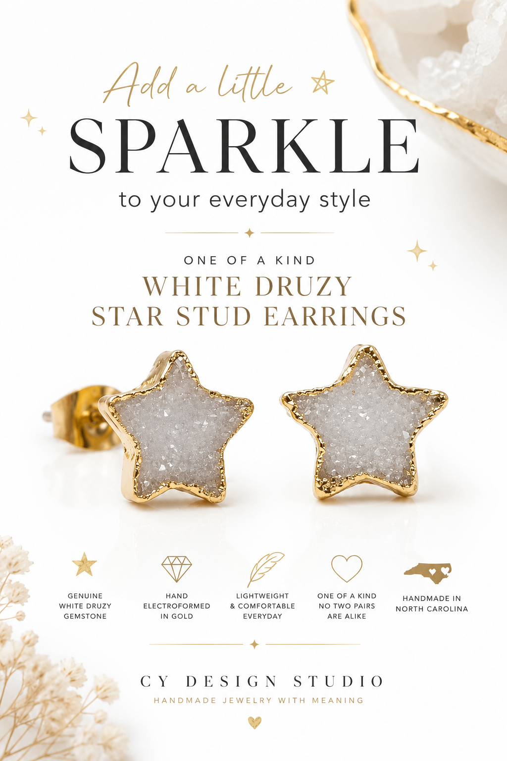 OOAK White Druzy Star Stud Earrings