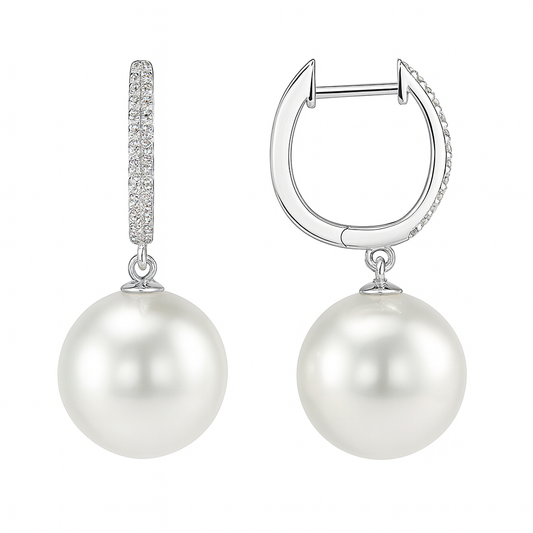 Diamond Hoop with South Sea Pearl Earrings, 0.08ct