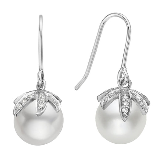 14K White Gold Freshwater Pearl Hook Earrings, 8-9mm 0.05CT