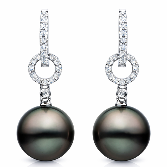 18K White Gold Tahitian Pearl Earrings, 11-12mm, 0.29ct