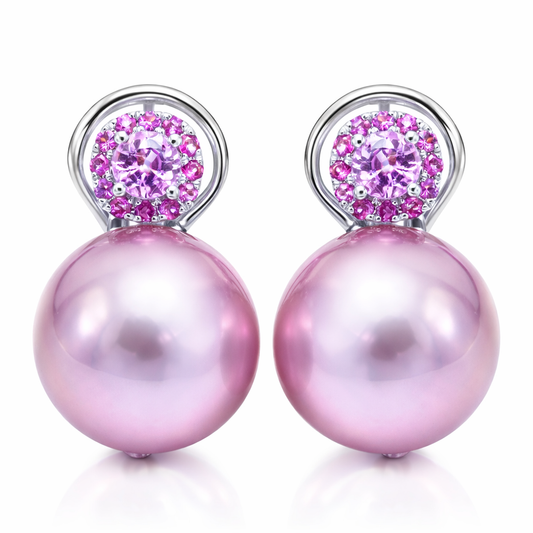 18K White Gold Freshwater Pearl Earrings, 14-15mm, 0.85ct