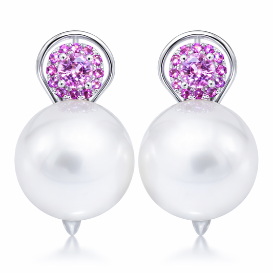 18K White Gold White South Sea Pearl Earrings, 14-15mm, 0.83ct
