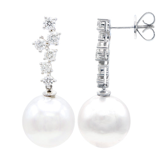18K White Gold White South Sea Pearl Earrings, 13-14mm, 1.05ct