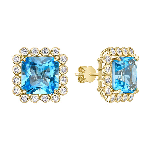14K Yellow Gold Swiss Blue Topaz Earrings, 11.33ct
