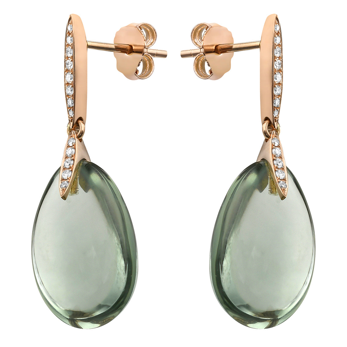 18K Rose Gold Green Amethyst Earrings, 20.62ct