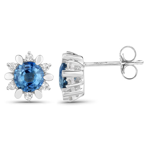 1.87 Carat Genuine Blue Sapphire and White Diamond 14K White Gold Earrings