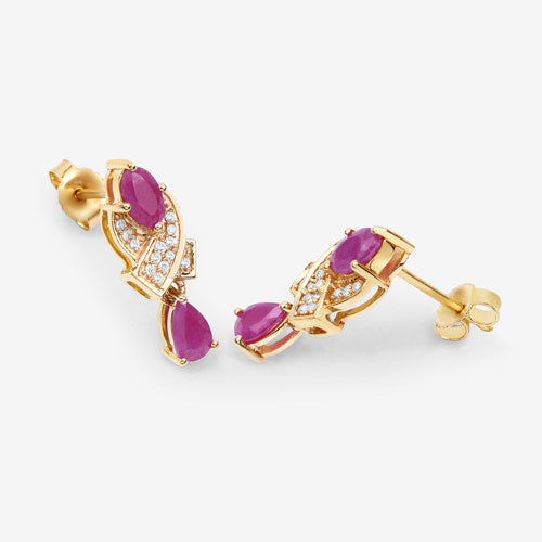 1.12 Carat Genuine Ruby and White Diamond 14K Yellow Gold Earrings