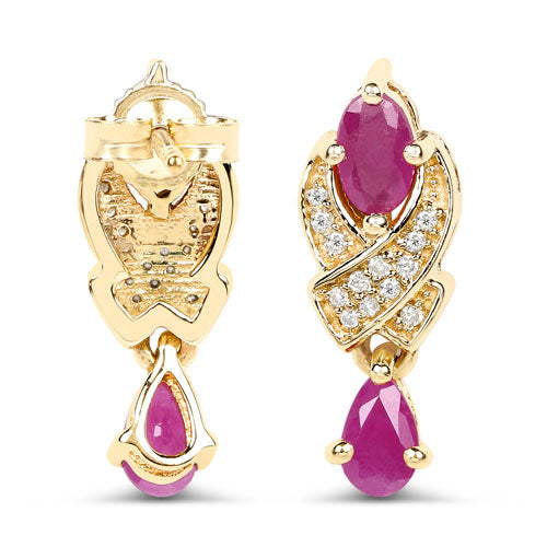 1.12 Carat Genuine Ruby and White Diamond 14K Yellow Gold Earrings