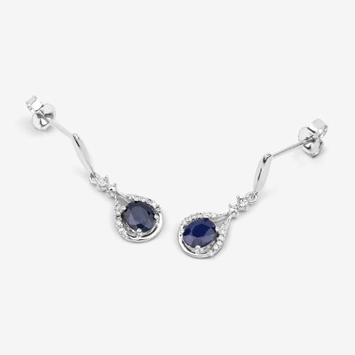 0.86 Carat Genuine Blue Sapphire and White Diamond 14K White Gold Earrings