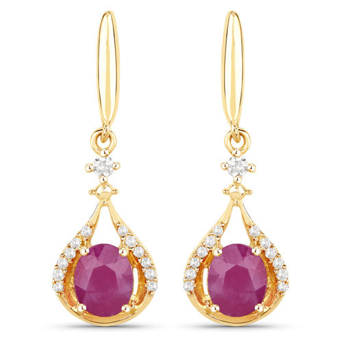0.70 Carat Genuine Ruby and White Diamond 14K Yellow Gold Earrings