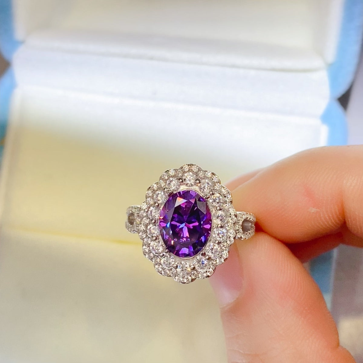 2 Carat Purple Oval-Cut Purple Oval-Cut Sparkala™ Pure Sterling Silver Halo Ring