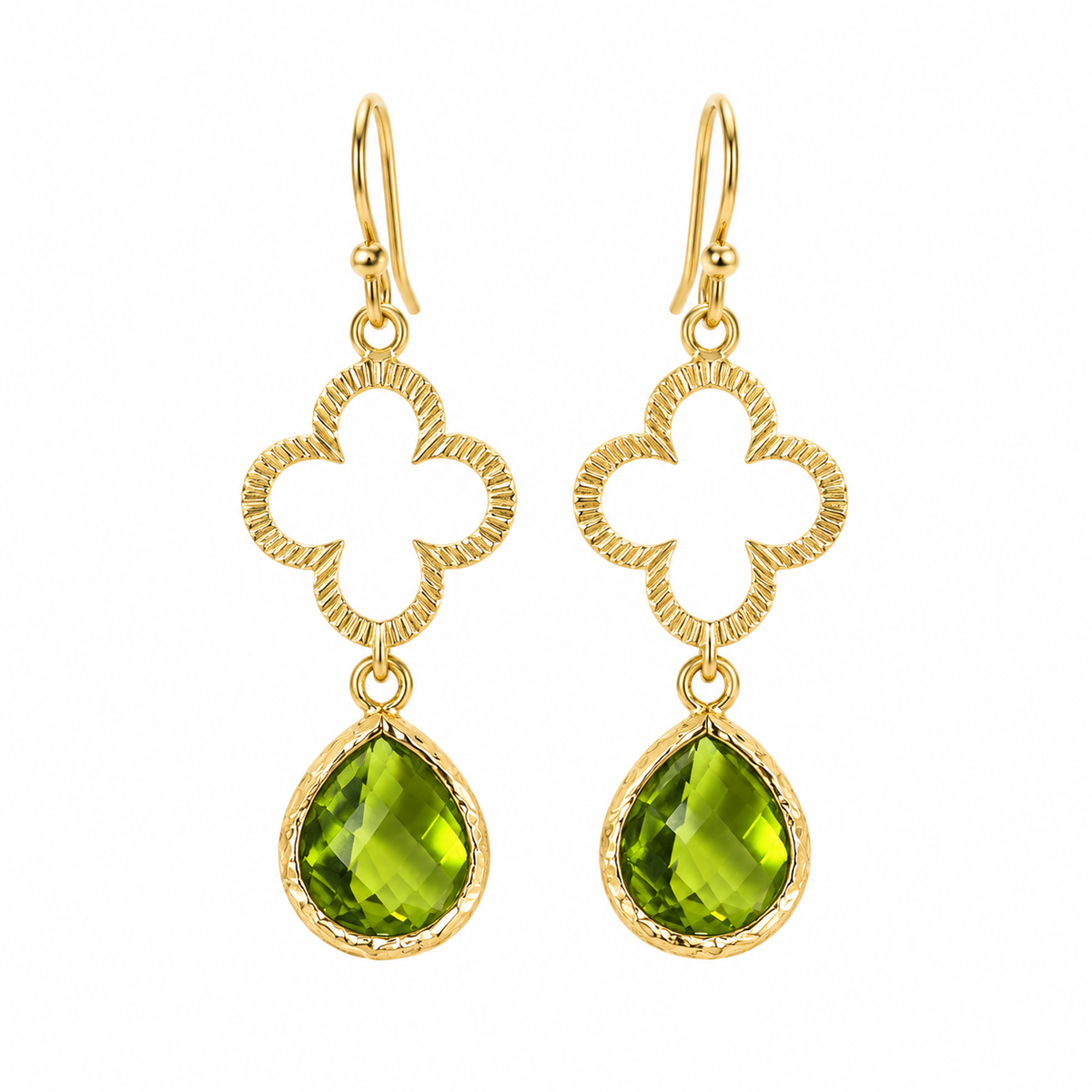 Olivine Glass & Gold Clover Drop Earrings – 14k Gold Filled
