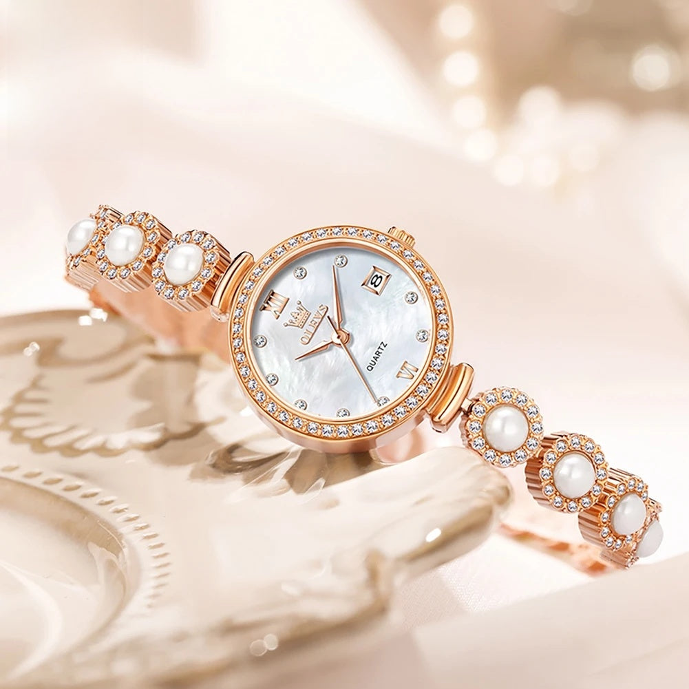 Women's Gold Pearl Bracelet Watch Quartz Date Elegant