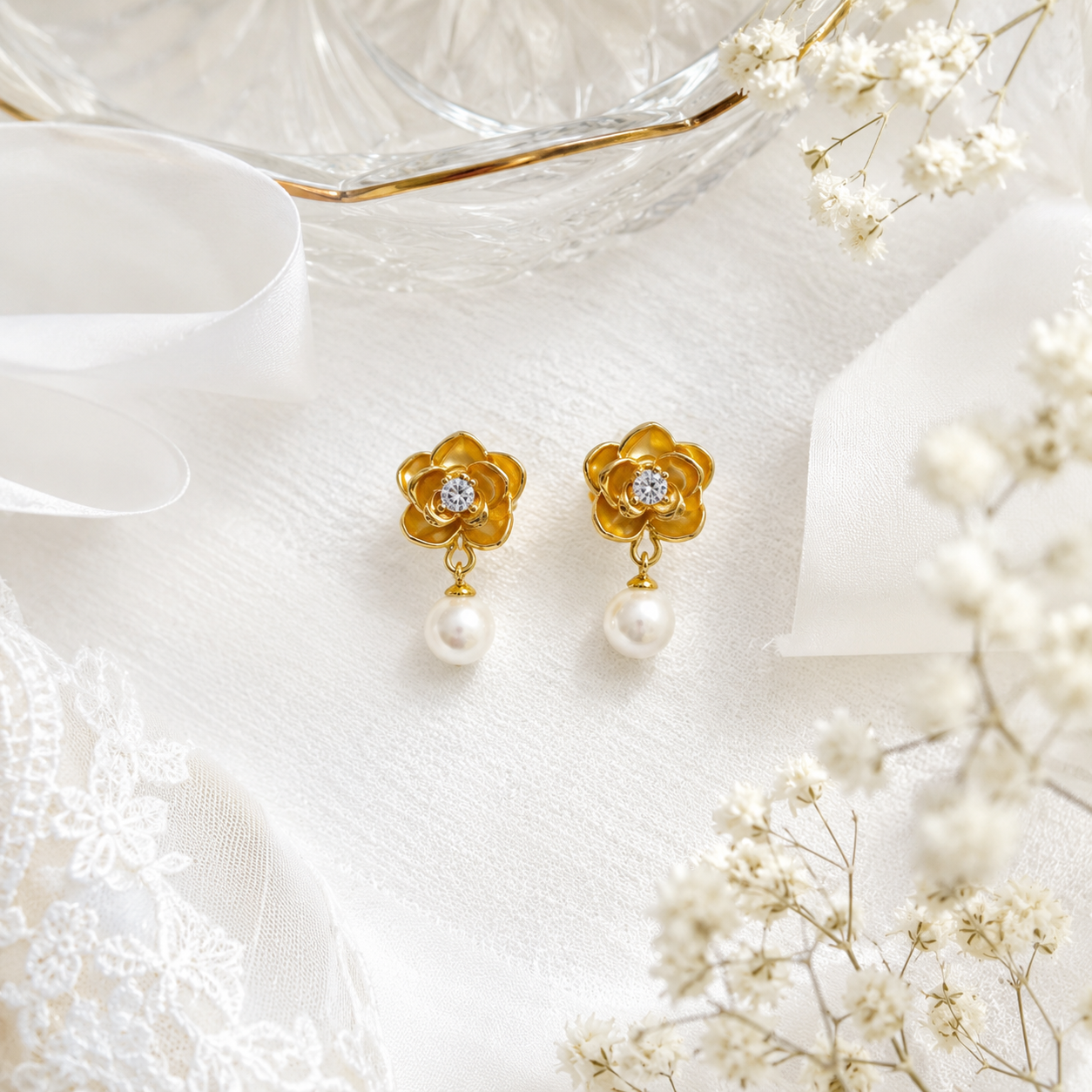 Limited Edition Floral Pearl Drop Earrings – 18K Gold Plated CZ Flower Studs