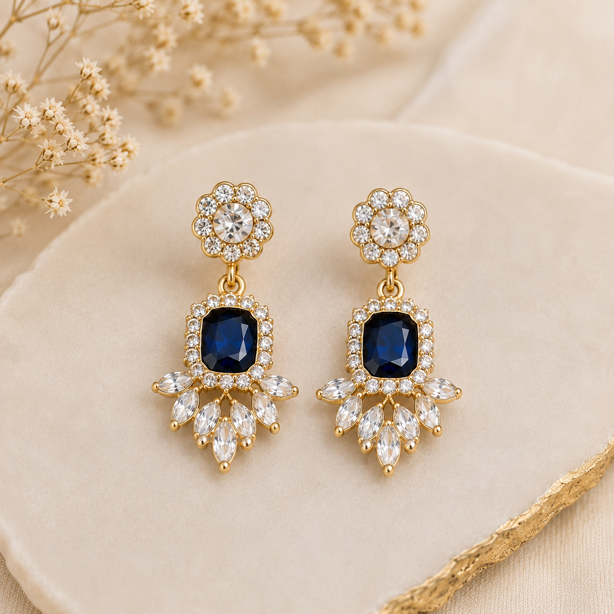 Blue Crystal Chandelier Earrings | 18K Gold Plated Bridal Statement Earrings