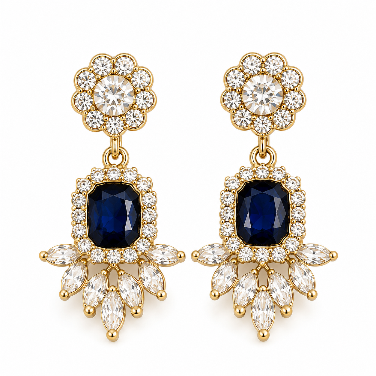 Blue Crystal Chandelier Earrings | 18K Gold Plated Bridal Statement Earrings