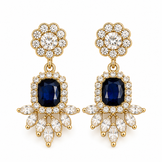 Blue Crystal Chandelier Earrings | 18K Gold Plated Bridal Statement Earrings