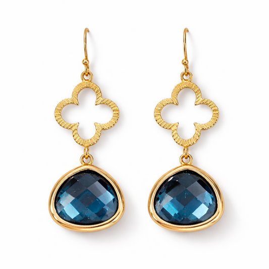 Blue Glass Clover Drop Earrings – Gold Filled Ear Wires – 1.5" Dangle Earrings
