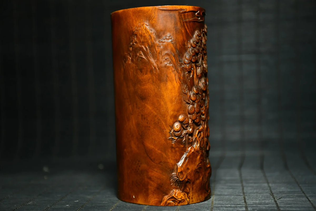 Tibetan Temple Boxwood Pen Holder – Golden Boy & Jade Girl Playing (Study Treasure)