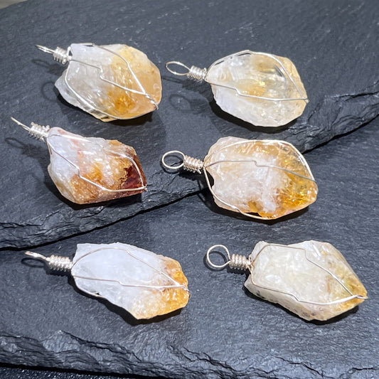 Raw Citrine Crystal Point Pendant (Silver Plated Wire Wrapped)