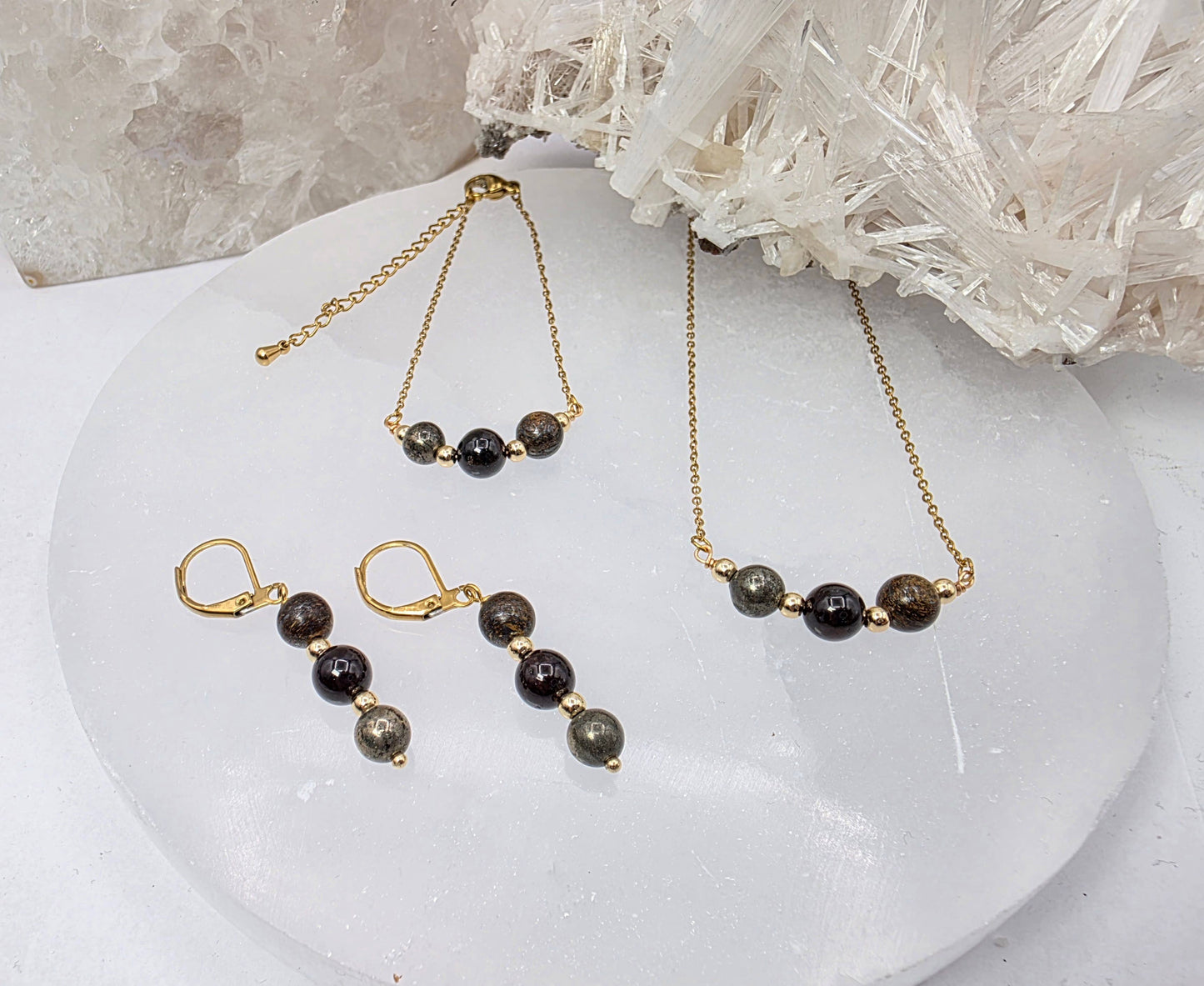 STAY IN MY POWER - Pyrite, Bronzite, Garnet Jewelry Set