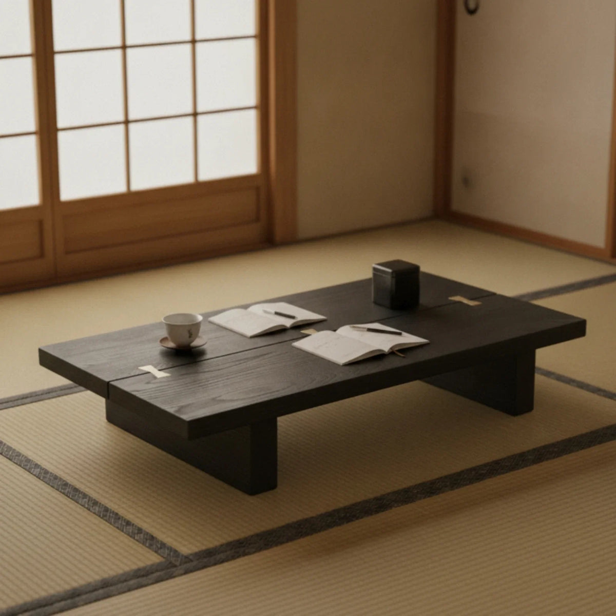 Wabi-Sabi Low Wood Tea Table with Brass Inlay | Compact Floor Table