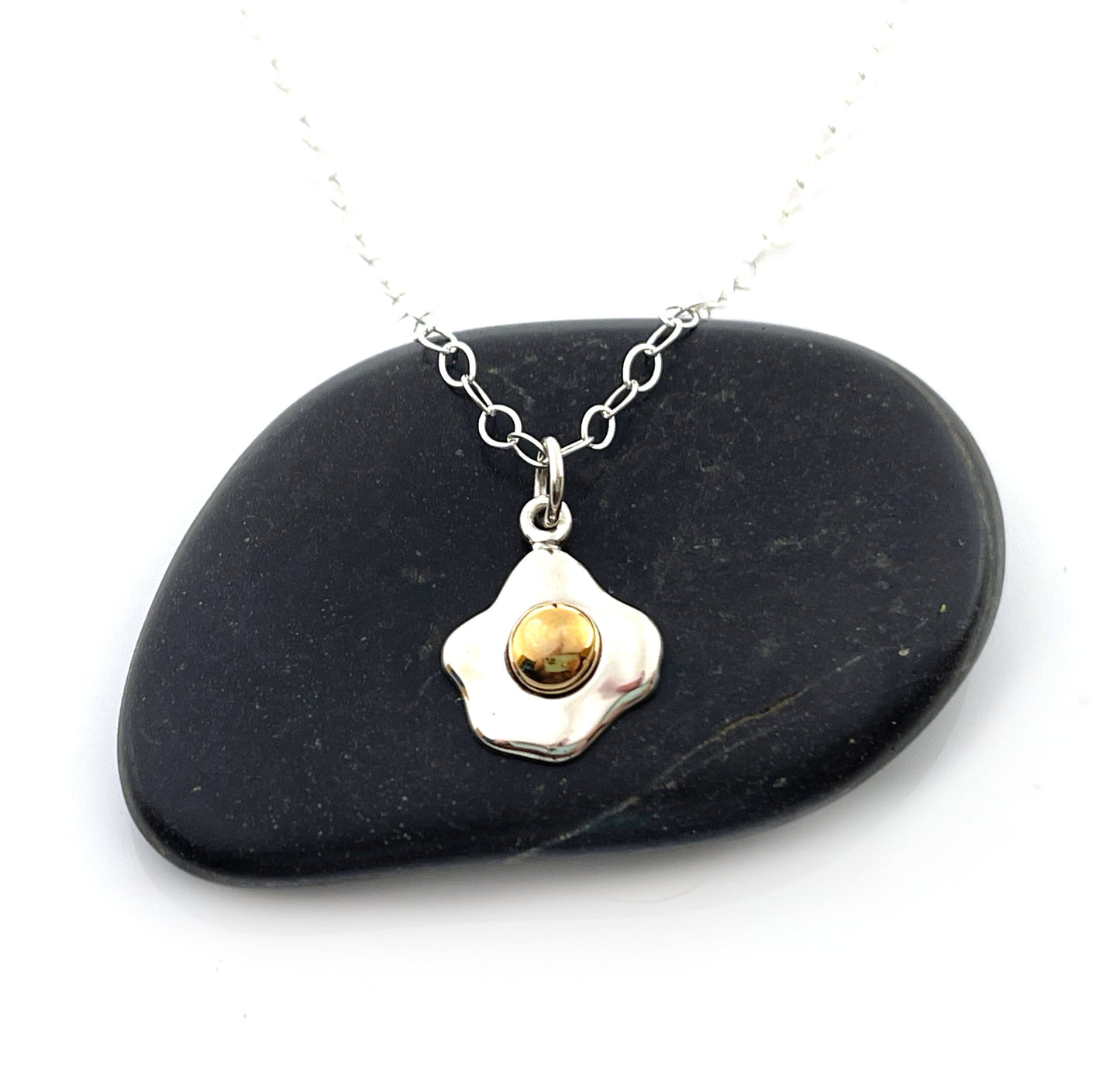 Over Easy Egg Necklace – Sterling Silver with Bronze Yolk, 18" Chain