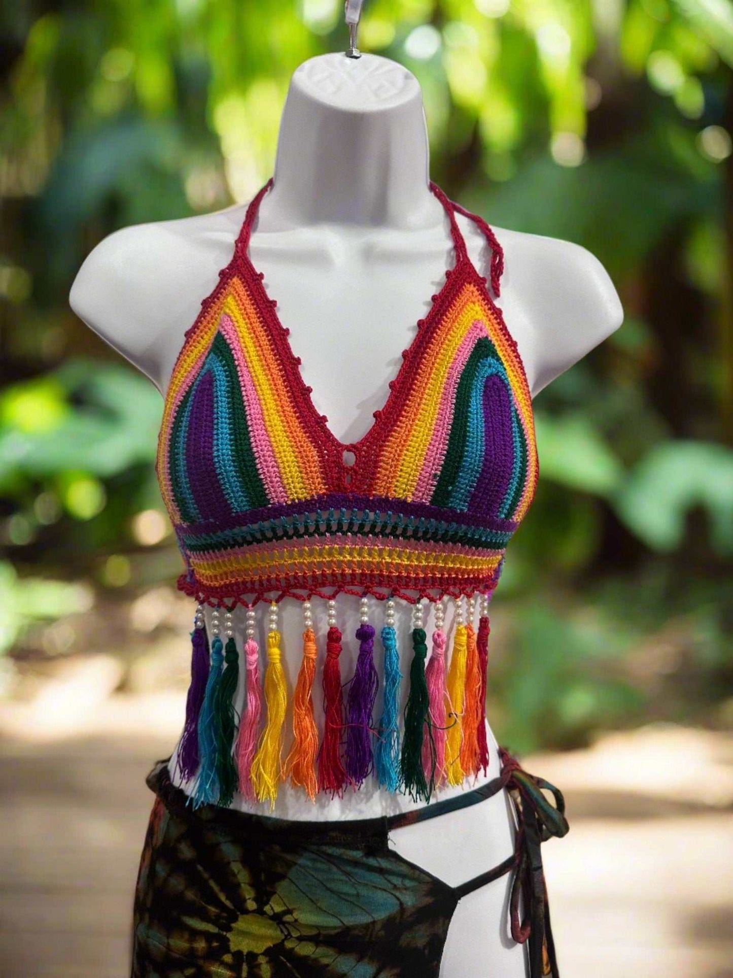 Rainbow Pride Bikini Top with Pearls and Fringe ROAD ONLY