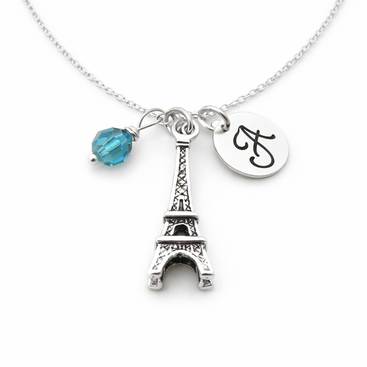 Eiffel Tower Necklace – Sterling Silver with Birthstone & Initial Charm