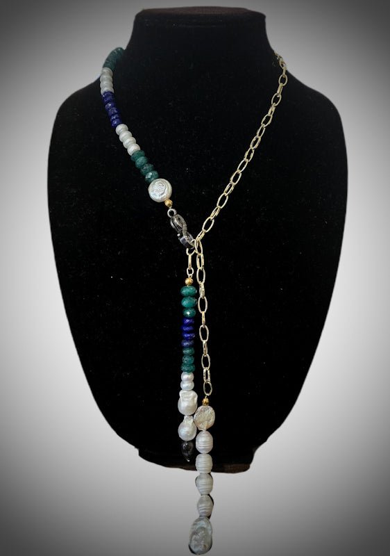 Emerald and Pearl Lariat Necklace
