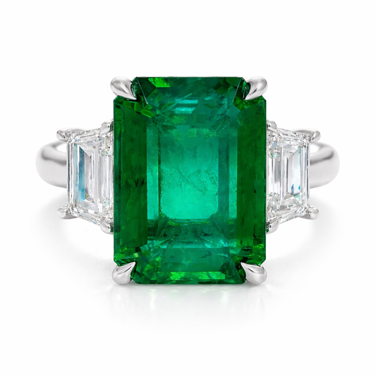 Handmade Platinum Green Emerald 3 Stone Ring, 7.71ct