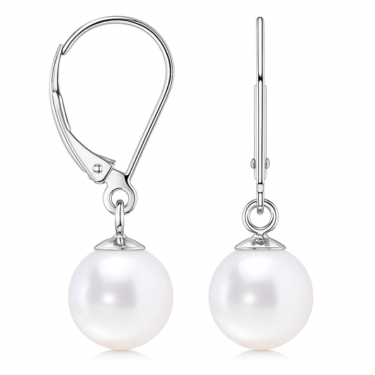 14K White Gold Cultured Akoya Pearl Leverback Earrings, 6.5-7.0mm