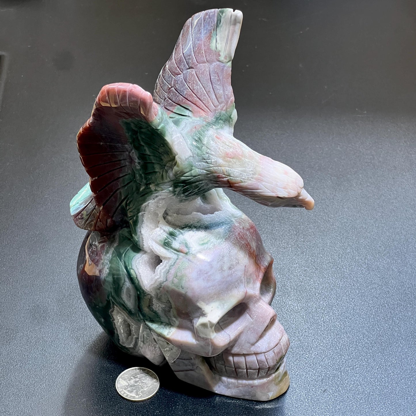 Large Skull and Eagle Carving Red Moss Agate