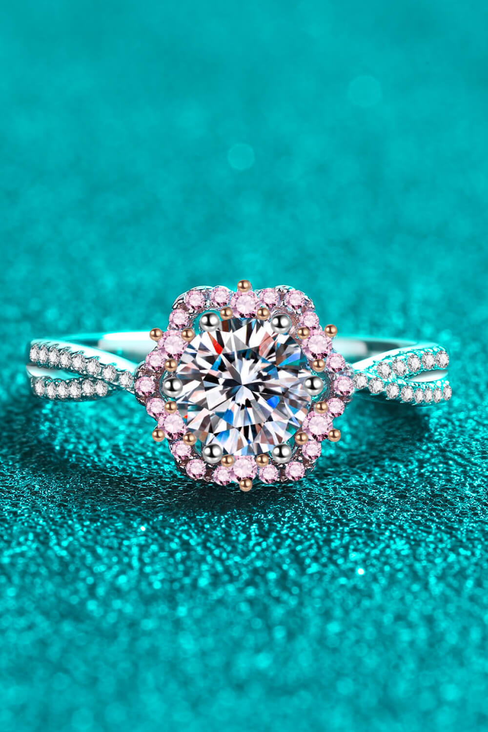 1 Carat Pink Brilliant Round Cut Sparkala™ Flower-Shaped Crisscross 925 sterling silver Ring