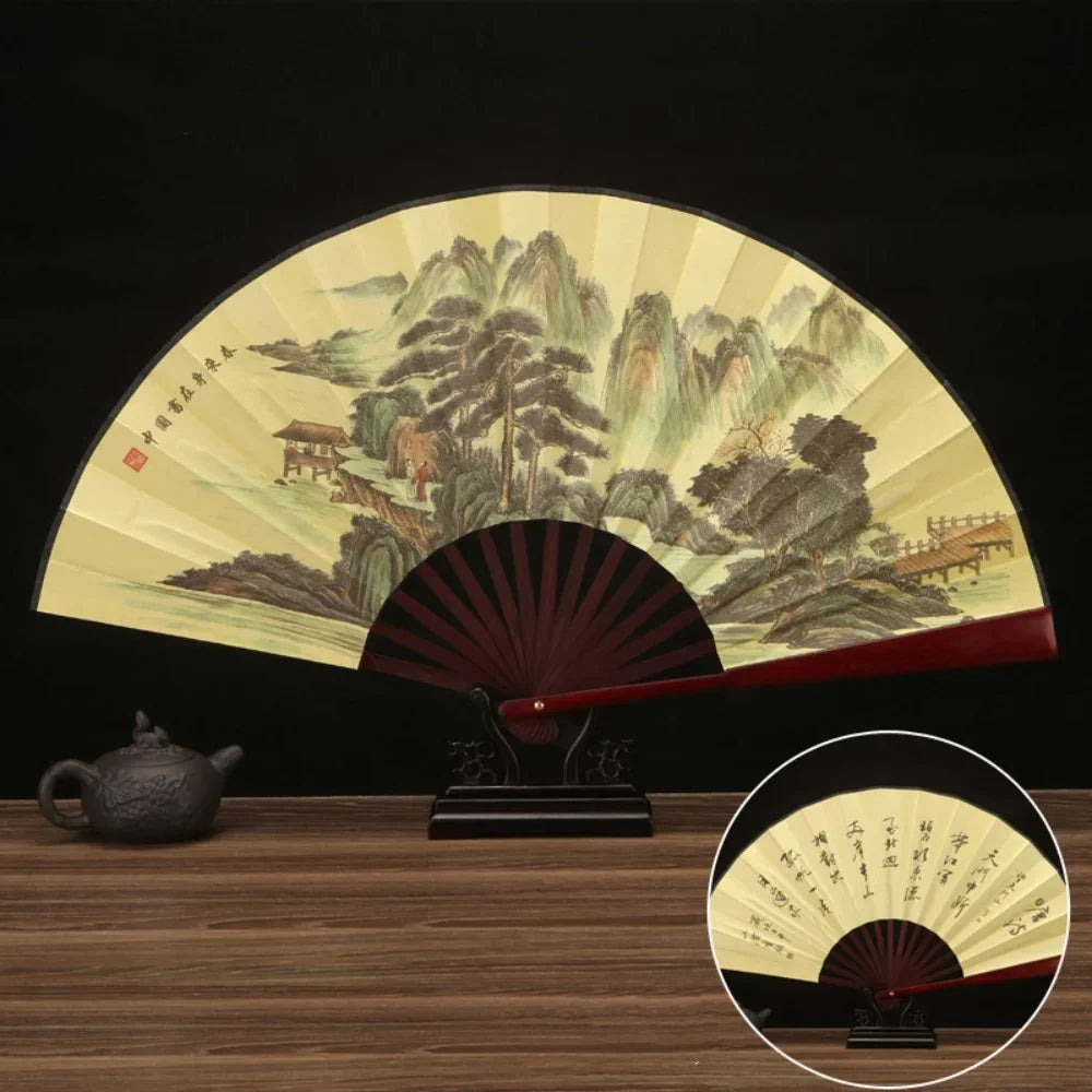 33.33CM Chinese Vintage Style Folding Fan Wooden Handle Classical Party Dance Hand Fan Men's And Women's Summer Cool Hand Fan