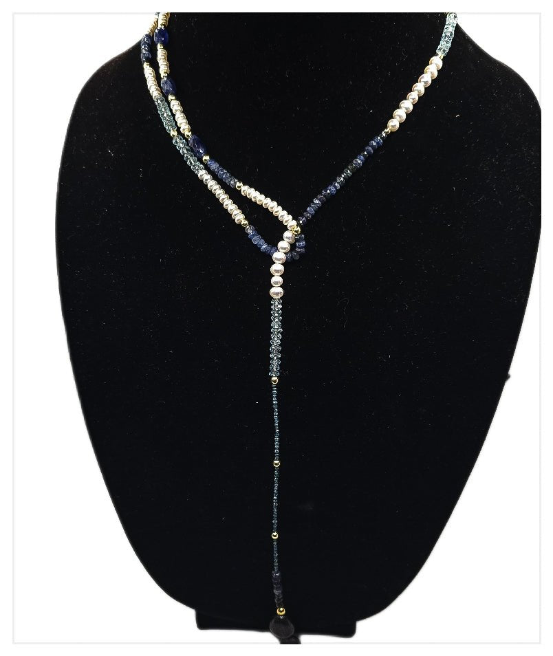"Fifty Shades of Blue"| Sapphire, Blue Topaz, Blue diamonds Freshwater Pearl Lariat Necklace