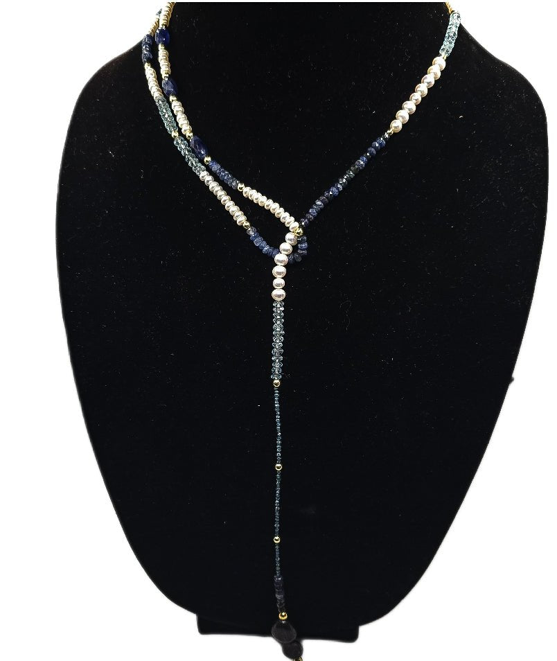 "Fifty Shades of Blue"| Sapphire, Blue Topaz, Blue diamonds Freshwater Pearl Lariat Necklace