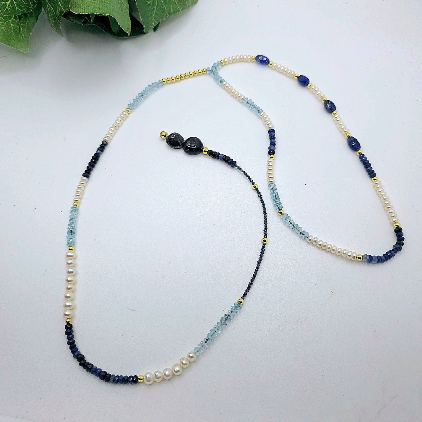 "Fifty Shades of Blue"| Sapphire, Blue Topaz, Blue diamonds Freshwater Pearl Lariat Necklace