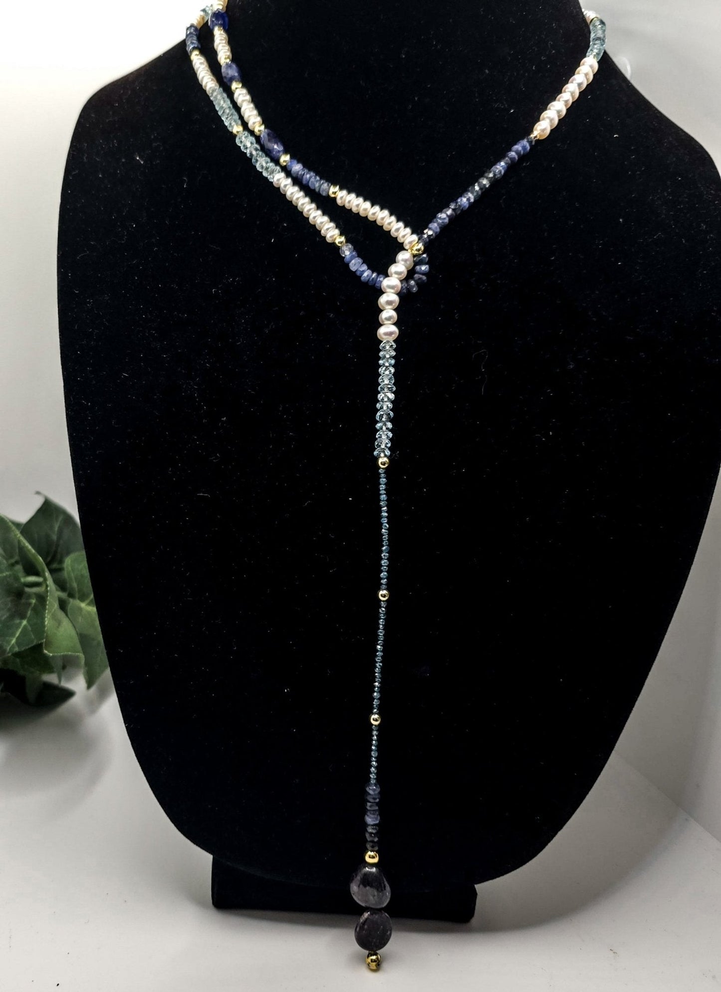 "Fifty Shades of Blue"| Sapphire, Blue Topaz, Blue diamonds Freshwater Pearl Lariat Necklace