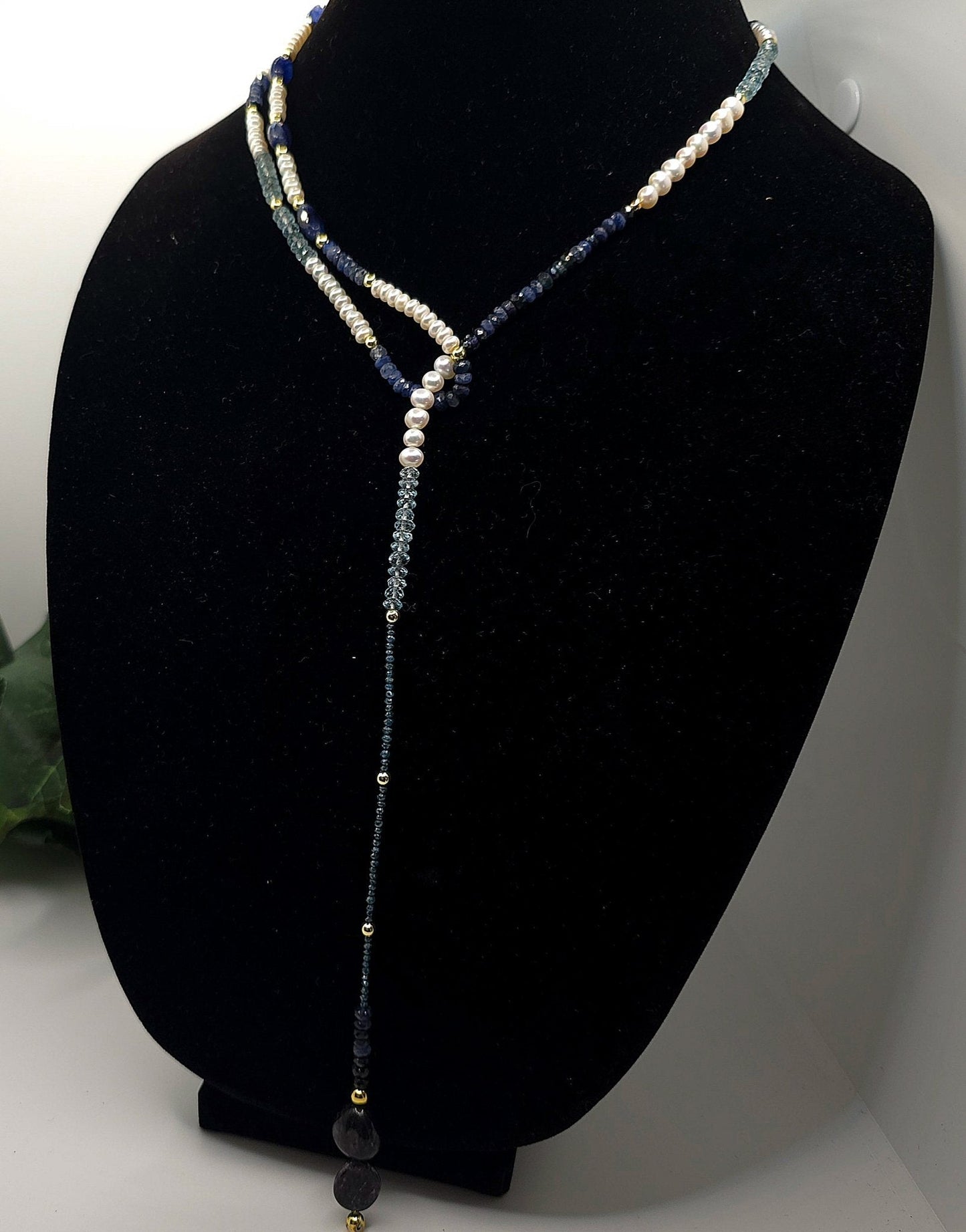 "Fifty Shades of Blue"| Sapphire, Blue Topaz, Blue diamonds Freshwater Pearl Lariat Necklace