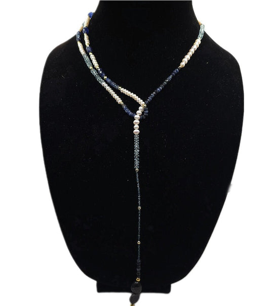 "Fifty Shades of Blue"| Sapphire, Blue Topaz, Blue diamonds Freshwater Pearl Lariat Necklace