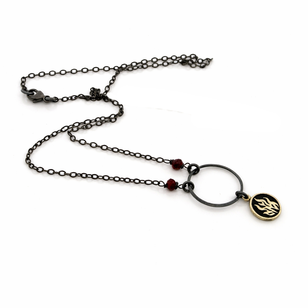 Fire Element Garnet Necklace – Oxidized Sterling Silver Circle Necklace – Dark Minimalist Elemental Jewelry