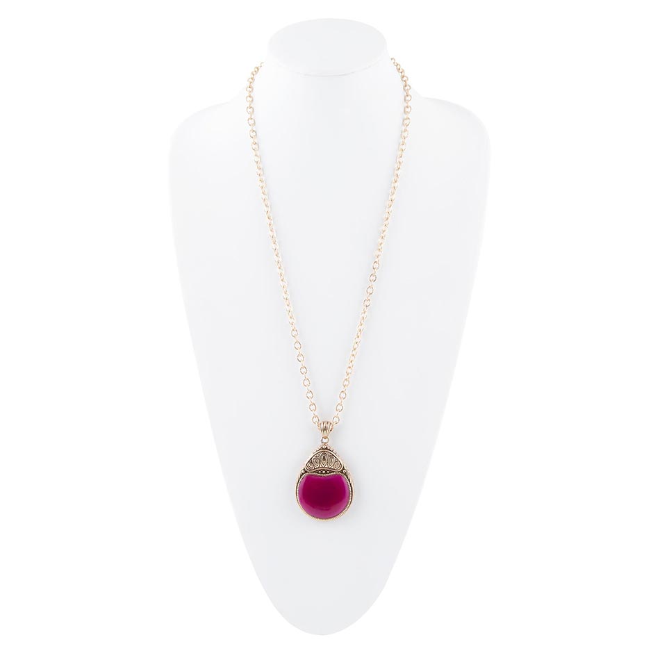 Flamenco Pink Magenta Agate Golden Pendant Necklace