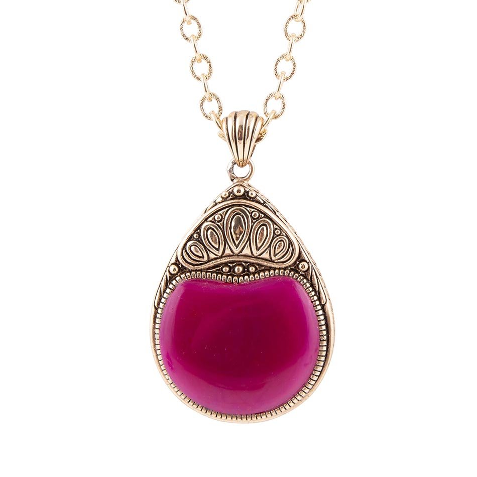 Flamenco Pink Magenta Agate Golden Pendant Necklace