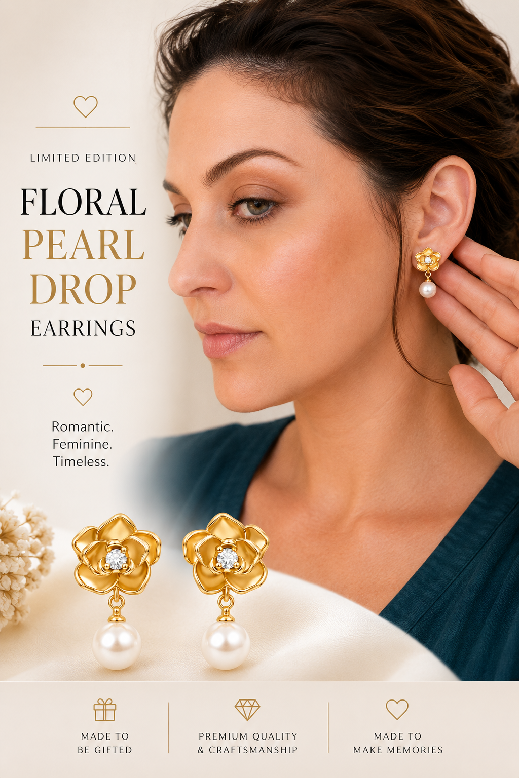 Limited Edition Floral Pearl Drop Earrings – 18K Gold Plated CZ Flower Studs